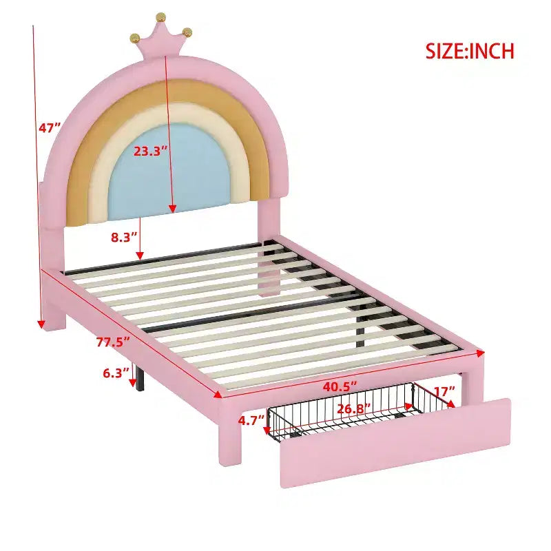Lit plateforme ModernLuxe en velours capitonné, design arc-en-ciel, taille double/pleine, avec tiroir de rangement, rose