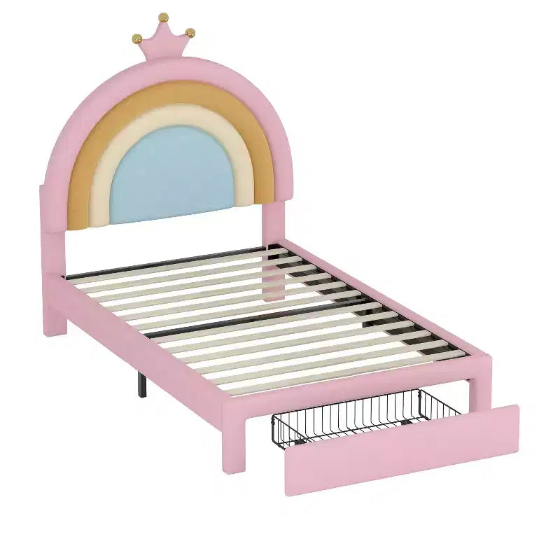 Lit plateforme ModernLuxe en velours capitonné, design arc-en-ciel, taille double/pleine, avec tiroir de rangement, rose