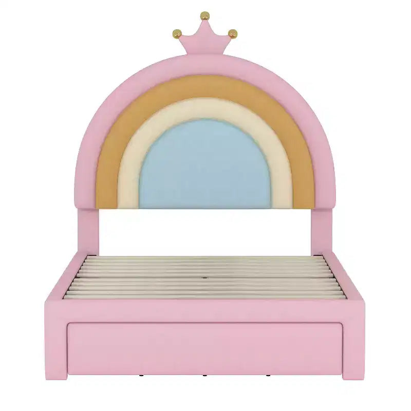 Lit plateforme ModernLuxe en velours capitonné, design arc-en-ciel, taille double/pleine, avec tiroir de rangement, rose