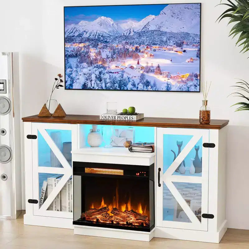 Meuble TV Costway 58" avec cheminée électrique à 3 côtés en verre de 23" et lumières LED 20 couleurs