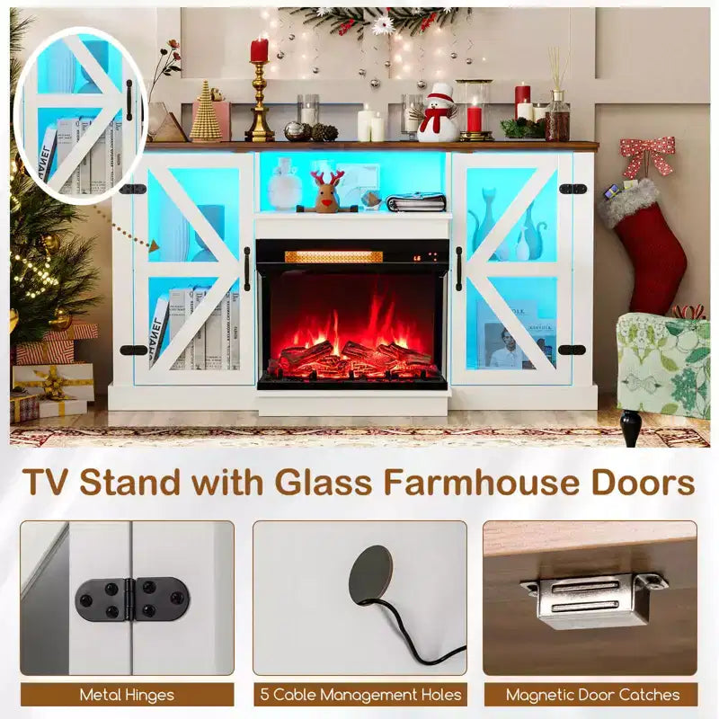 Meuble TV Costway 58" avec cheminée électrique à 3 côtés en verre de 23" et lumières LED 20 couleurs