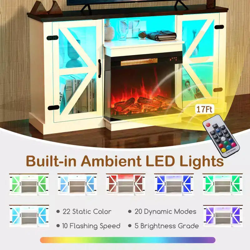 Meuble TV Costway 58" avec cheminée électrique à 3 côtés en verre de 23" et lumières LED 20 couleurs