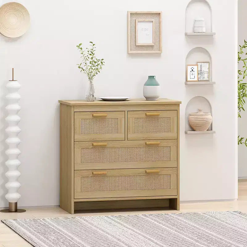 Commode 4 tiroirs Armoire de rangement moderne en rotin Meuble en bois pour chambre à coucher, salon, salle à manger, couloirs
