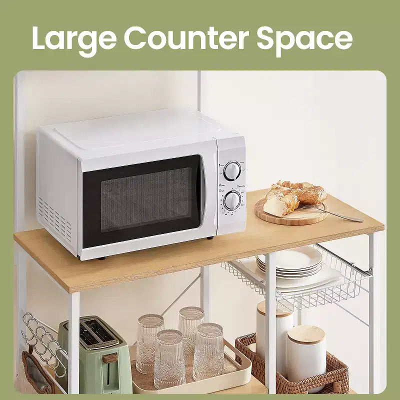 Étagère de Boulanger, Support de Four à Micro-ondes, Étagère de Rangement de Cuisine avec Panier en Fil, 6 Crochets et Étagères
