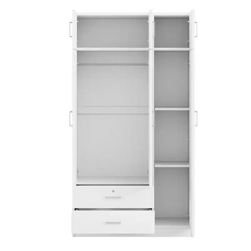 Whisen Wood – Armoire de chambre en bois avec miroir, 2 tiroirs, étagères, tringle à vêtements et compartiment supérieur