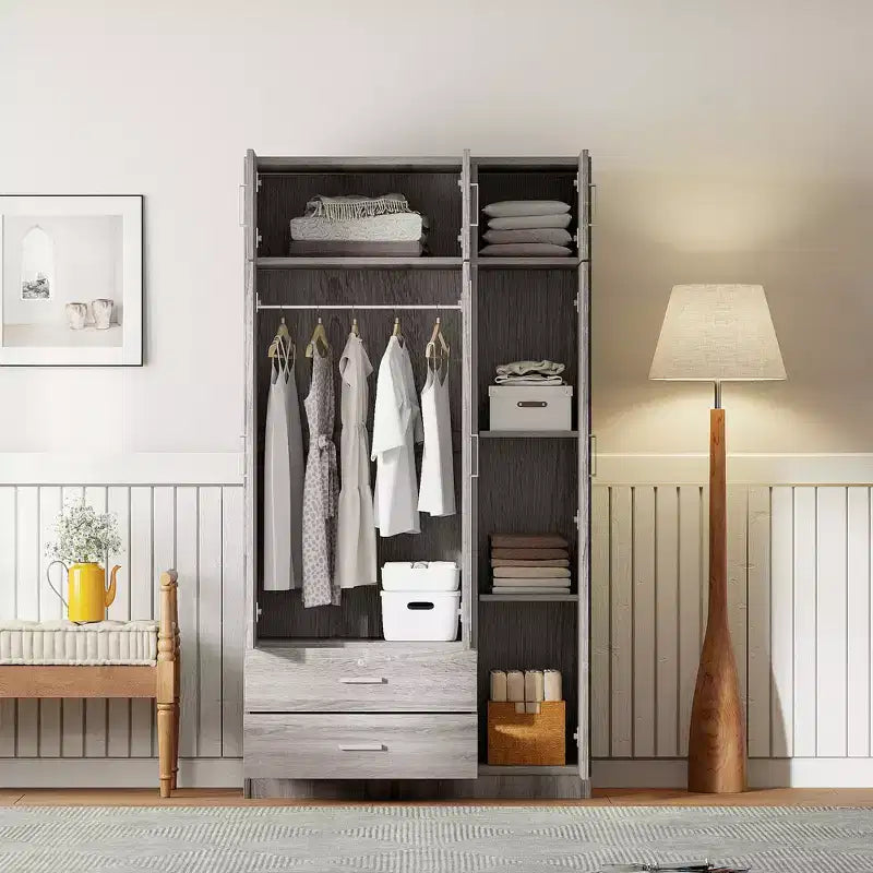 Whisen Wood – Armoire de chambre en bois avec miroir, 2 tiroirs, étagères, tringle à vêtements et compartiment supérieur