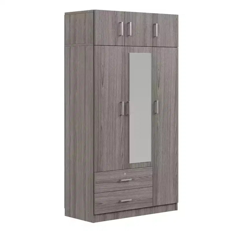 Whisen Wood – Armoire de chambre en bois avec miroir, 2 tiroirs, étagères, tringle à vêtements et compartiment supérieur