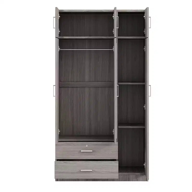 Whisen Wood – Armoire de chambre en bois avec miroir, 2 tiroirs, étagères, tringle à vêtements et compartiment supérieur