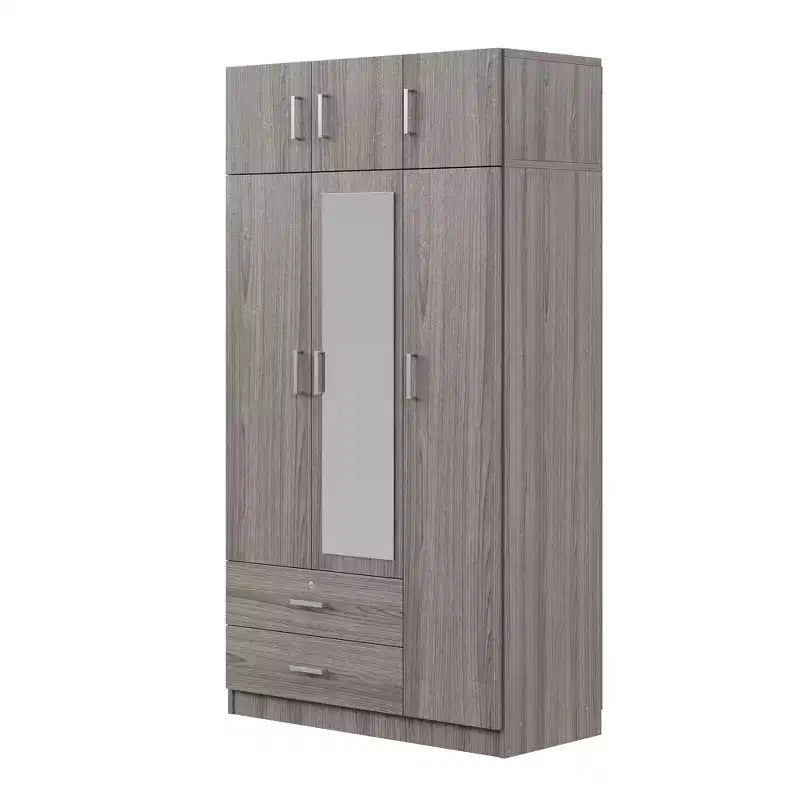 Whisen Wood – Armoire de chambre en bois avec miroir, 2 tiroirs, étagères, tringle à vêtements et compartiment supérieur