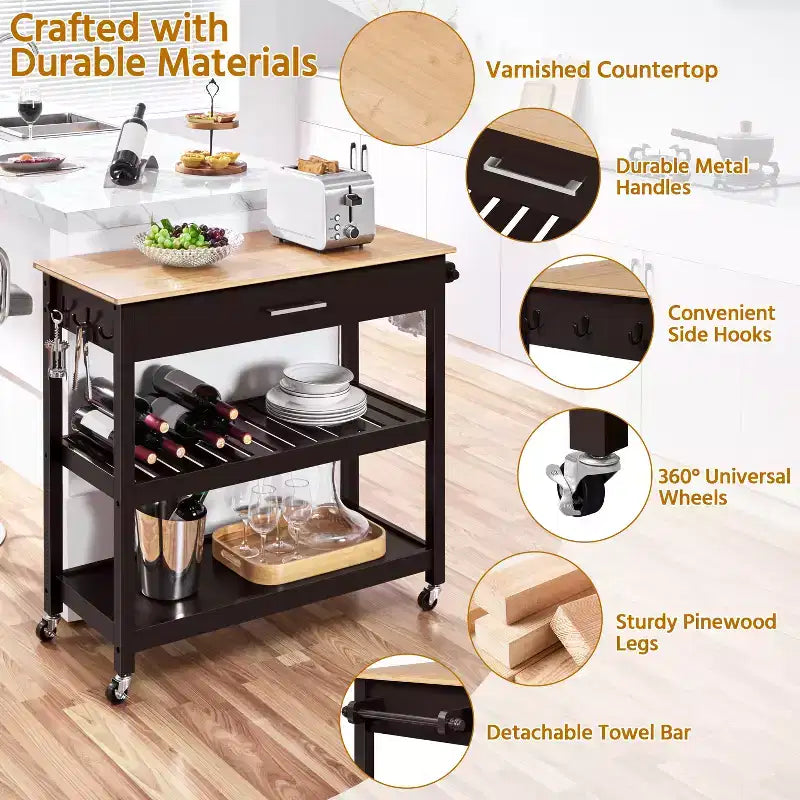 Yaheetech Desserte de cuisine roulante de 102 cm avec étagères de rangement et tiroir
