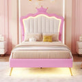 Full Dimension Upholstered Bed Frame equipped includes LED Lights, Modern Upholstered Princess Bed equipped comes with Crown Headboard