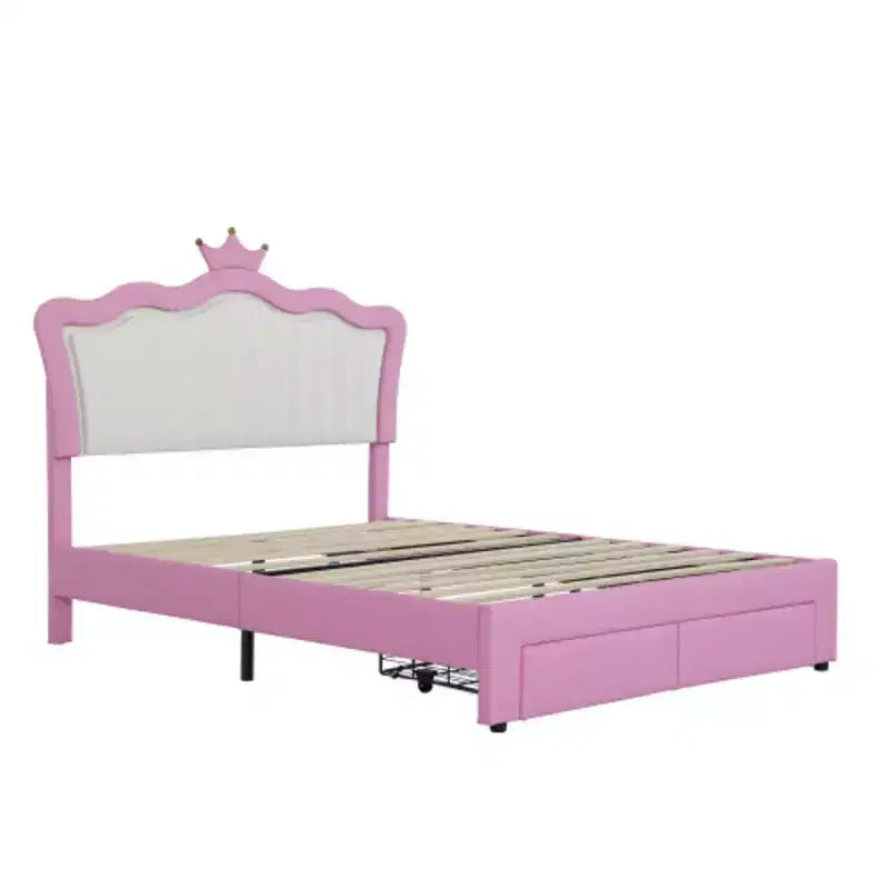 Cadre de lit rembourré Full Dimension équipé de lumières LED, lit de princesse moderne rembourré avec tête de lit en forme de couronne