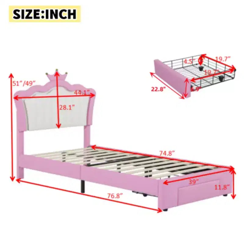 Cadre de lit rembourré Full Dimension équipé de lumières LED, lit de princesse moderne rembourré avec tête de lit en forme de couronne