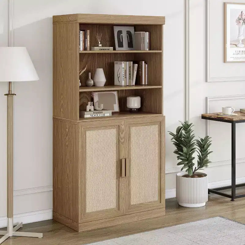 PexFix 31x31x16 Meuble d'appoint en rotin et bois avec étagère réglable Meuble de rangement naturel