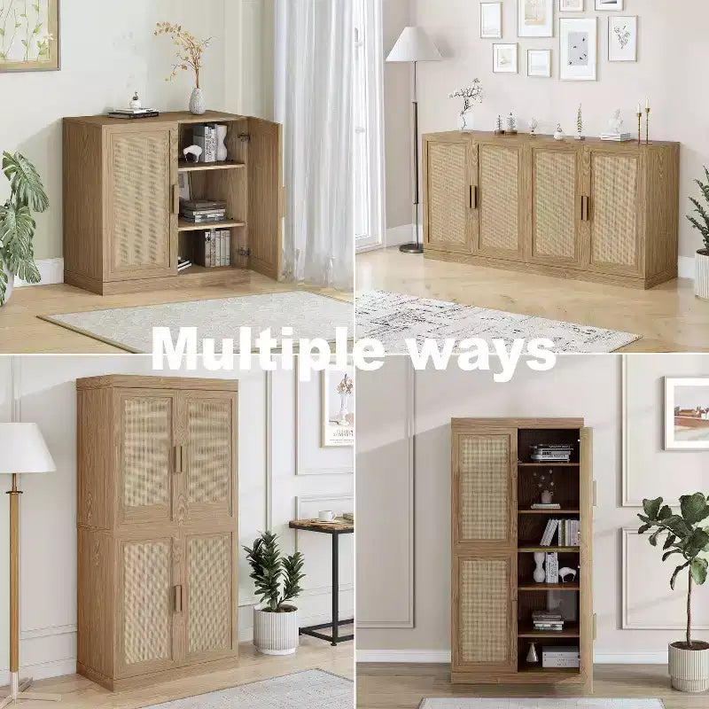 PexFix 31x31x16 Meuble d'appoint en rotin et bois avec étagère réglable Meuble de rangement naturel