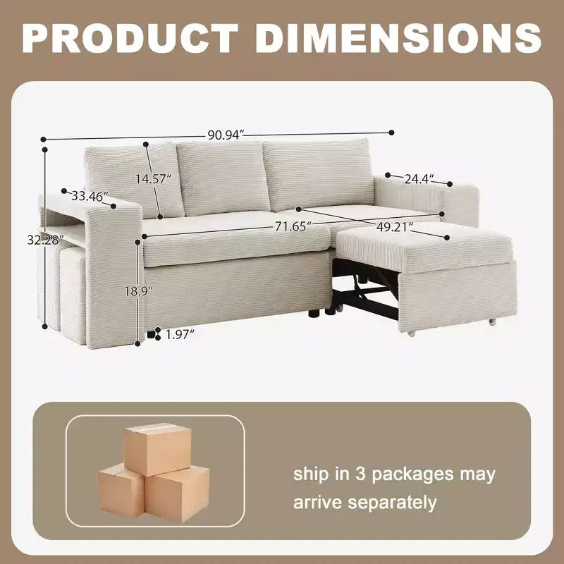 HYLEORY Canapé convertible en L avec lit gigogne, canapé-lit avec méridienne réversible pour salon, appartement, chambre, bureau