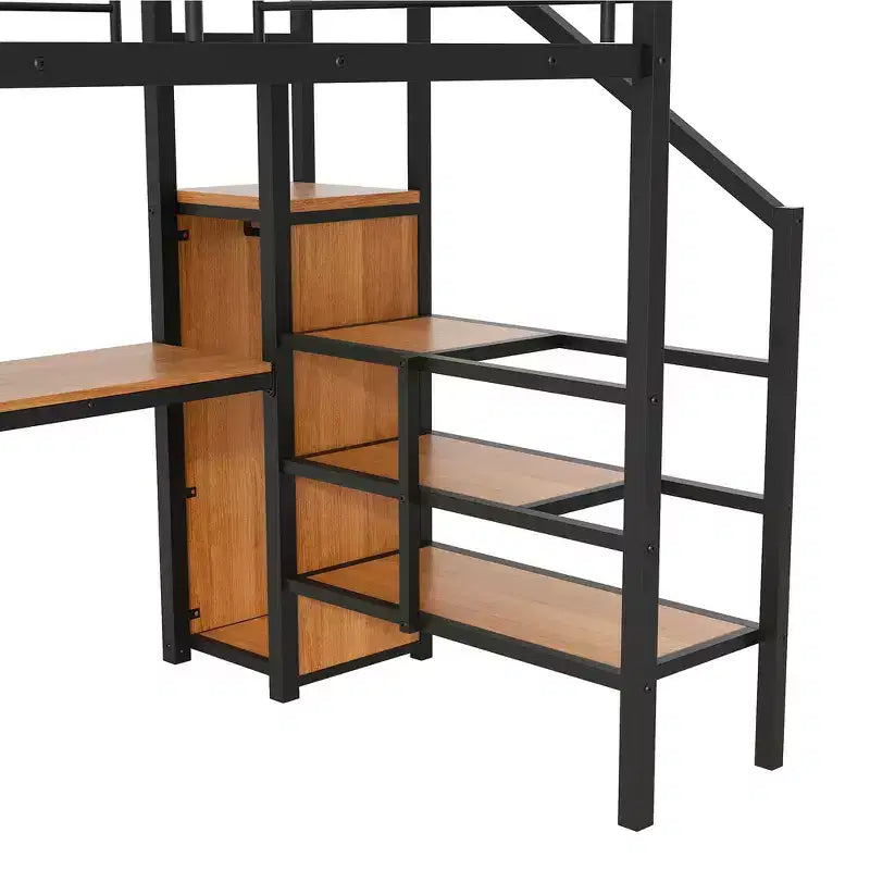 Lit mezzanine en métal pleine taille Whisen 94.1" avec bureau, escalier de rangement, petite armoire