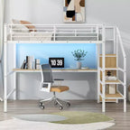 Lit mezzanine en métal pleine taille Whisen 94.1" avec bureau, escalier de rangement, petite armoire