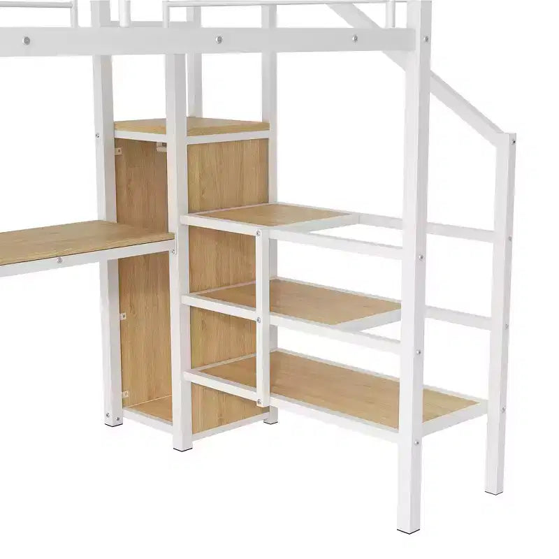 Lit mezzanine en métal pleine taille Whisen 94.1" avec bureau, escalier de rangement, petite armoire