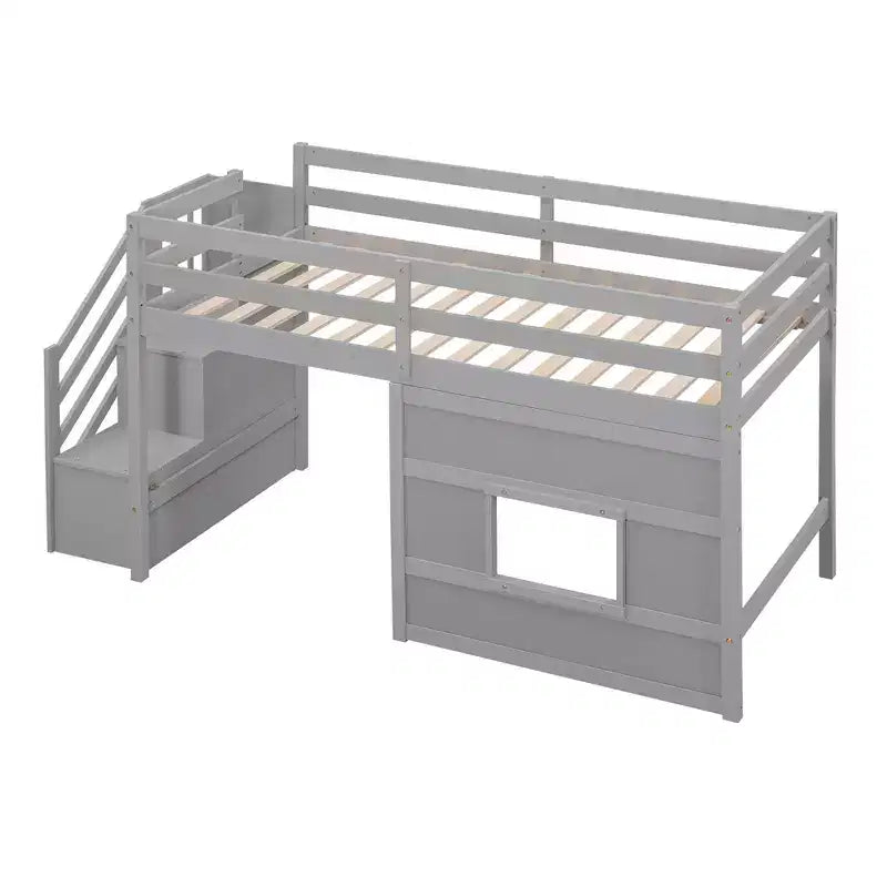 Lit mezzanine double en bois Whisen de 240,8 cm de long x 106,2 cm de large avec escalier de rangement et fenêtre
