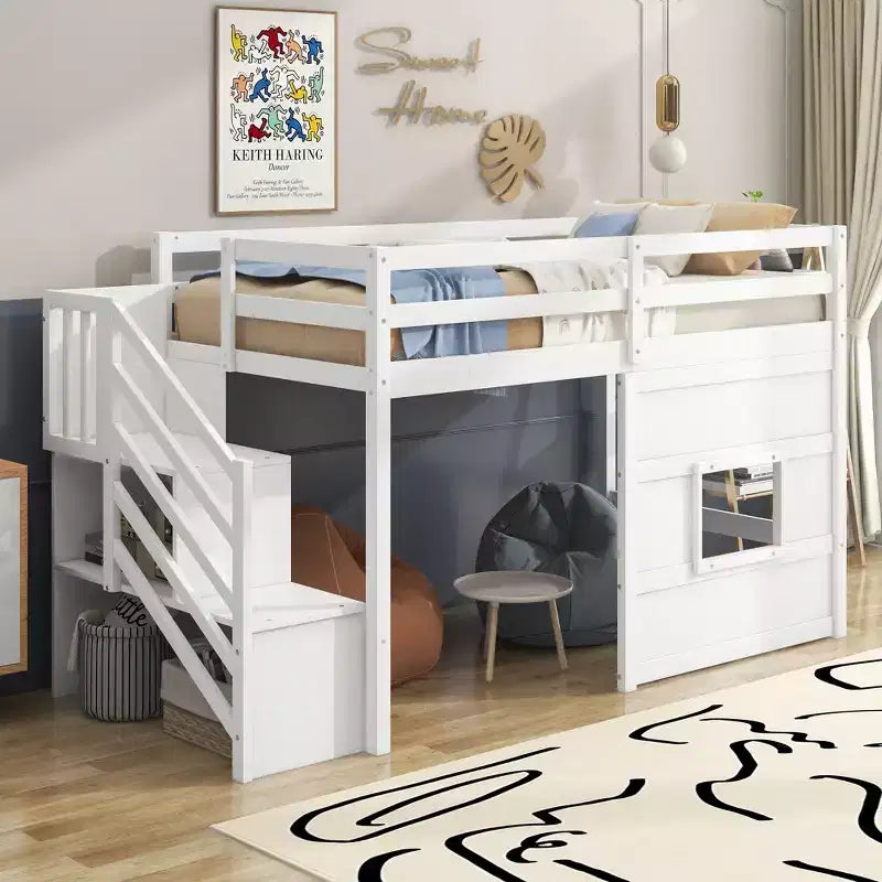 Lit mezzanine double en bois Whisen de 240,8 cm de long x 106,2 cm de large avec escalier de rangement et fenêtre