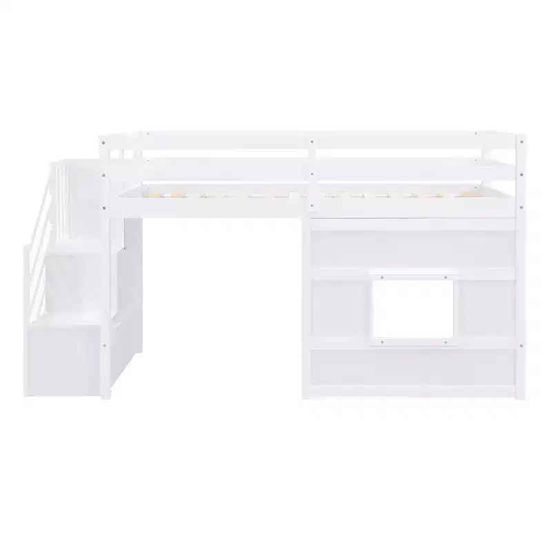 Lit mezzanine double en bois Whisen de 240,8 cm de long x 106,2 cm de large avec escalier de rangement et fenêtre