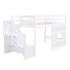 Lit mezzanine double en bois Whisen de 240,8 cm de long x 106,2 cm de large avec escalier de rangement et fenêtre