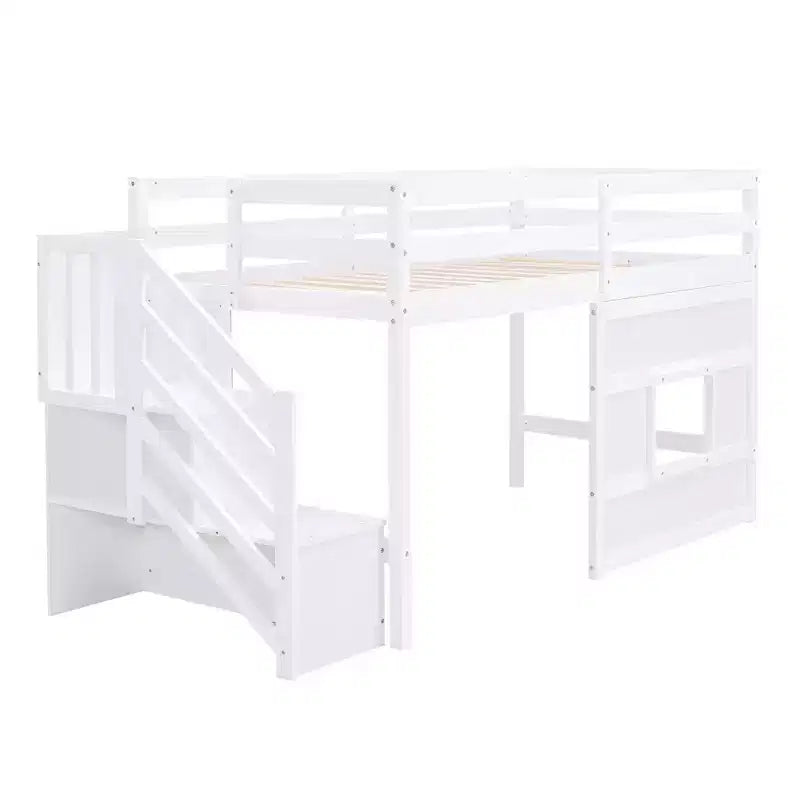 Lit mezzanine double en bois Whisen de 240,8 cm de long x 106,2 cm de large avec escalier de rangement et fenêtre