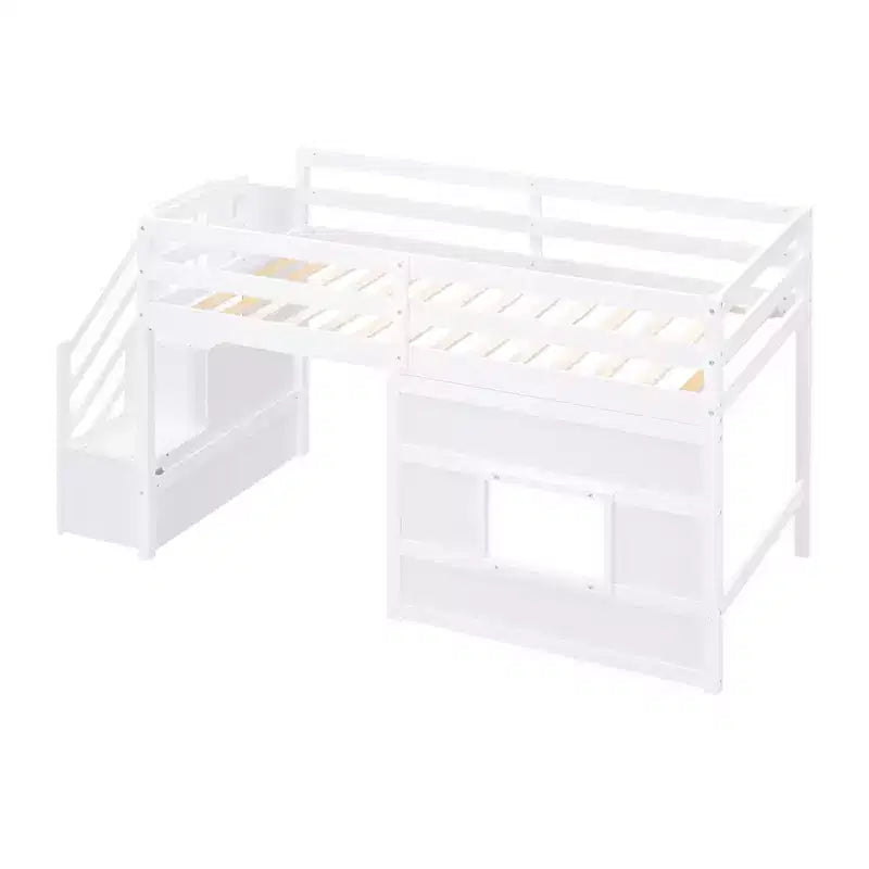 Lit mezzanine double en bois Whisen de 240,8 cm de long x 106,2 cm de large avec escalier de rangement et fenêtre