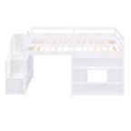 Lit mezzanine double en bois Whisen de 240,8 cm de long x 106,2 cm de large avec escalier de rangement et fenêtre