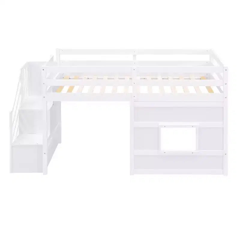 Lit mezzanine double en bois Whisen de 240,8 cm de long x 106,2 cm de large avec escalier de rangement et fenêtre