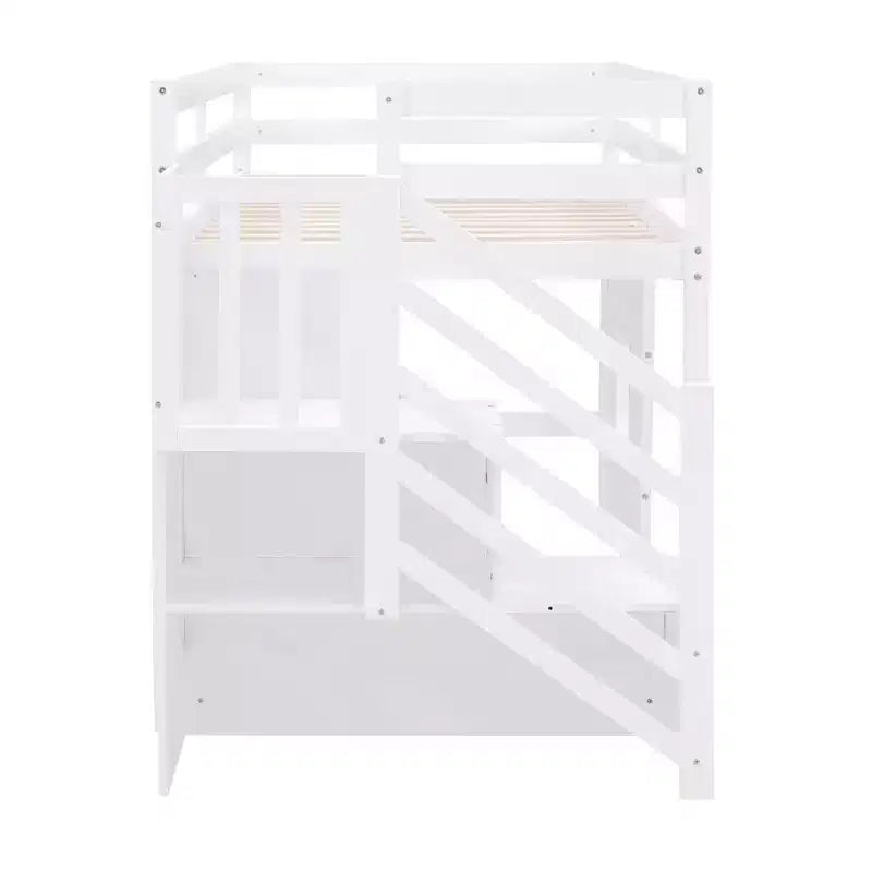 Lit mezzanine double en bois Whisen de 240,8 cm de long x 106,2 cm de large avec escalier de rangement et fenêtre