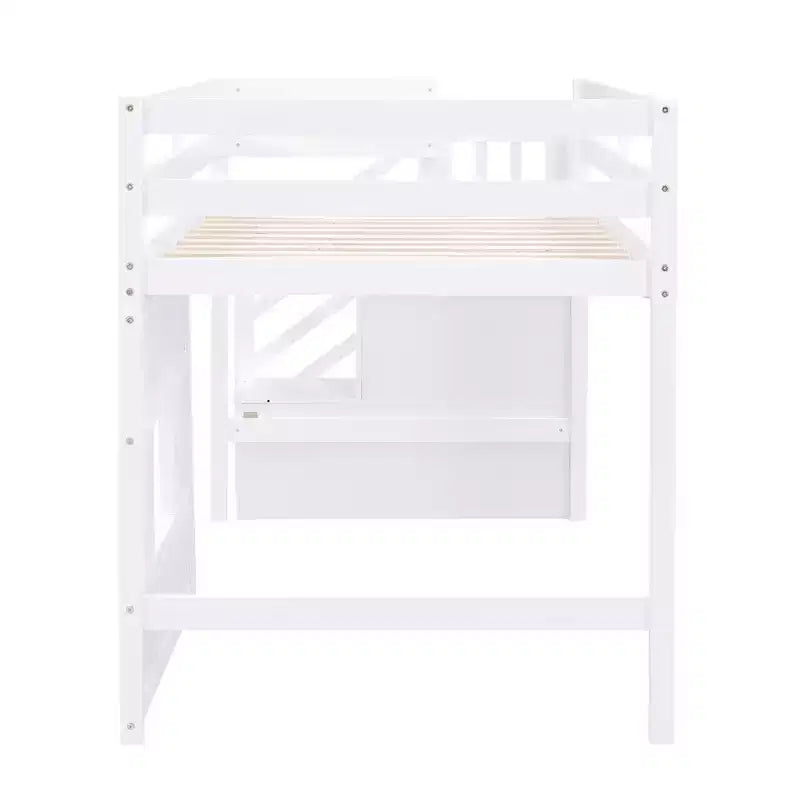 Lit mezzanine double en bois Whisen de 240,8 cm de long x 106,2 cm de large avec escalier de rangement et fenêtre