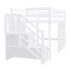 Lit mezzanine double en bois Whisen de 240,8 cm de long x 106,2 cm de large avec escalier de rangement et fenêtre