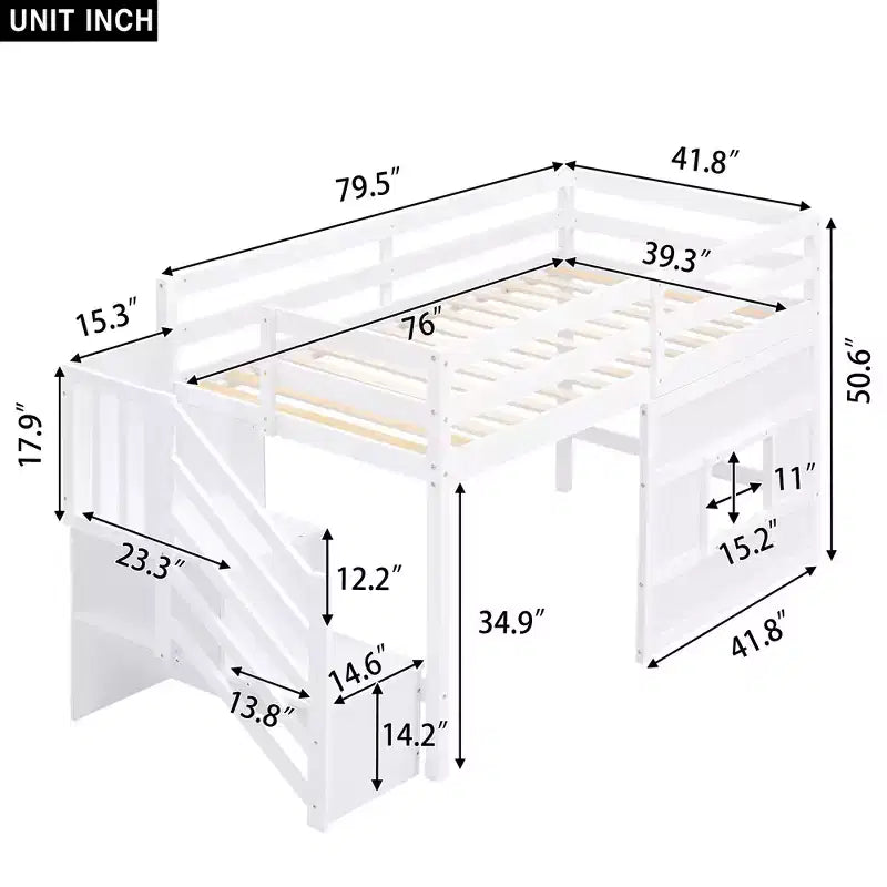 Lit mezzanine double en bois Whisen de 240,8 cm de long x 106,2 cm de large avec escalier de rangement et fenêtre
