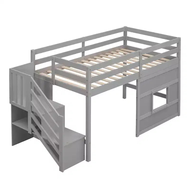 Lit mezzanine double en bois Whisen de 240,8 cm de long x 106,2 cm de large avec escalier de rangement et fenêtre