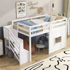 Lit mezzanine double en bois Whisen de 240,8 cm de long x 106,2 cm de large avec escalier de rangement et fenêtre
