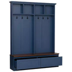 Meuble d'entrée Whisen de style ferme 4-en-1 avec banc en grain de bois, 2 grands tiroirs et 6 crochets noirs
