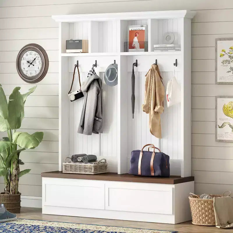 Meuble d'entrée Whisen de style ferme 4-en-1 avec banc en grain de bois, 2 grands tiroirs et 6 crochets noirs