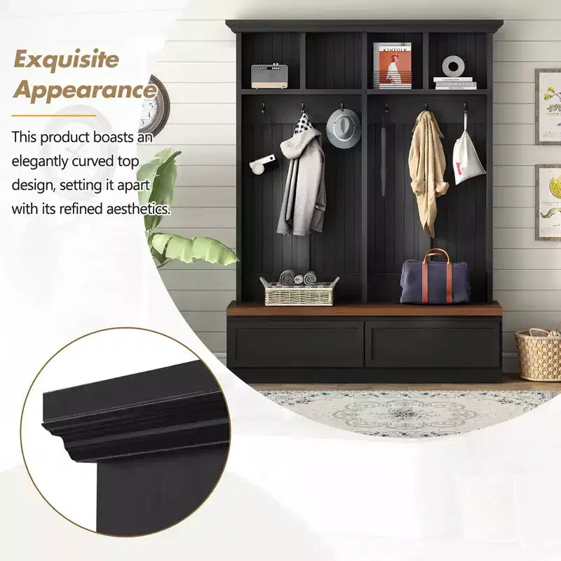 Meuble d'entrée Whisen de style ferme 4-en-1 avec banc en grain de bois, 2 grands tiroirs et 6 crochets noirs