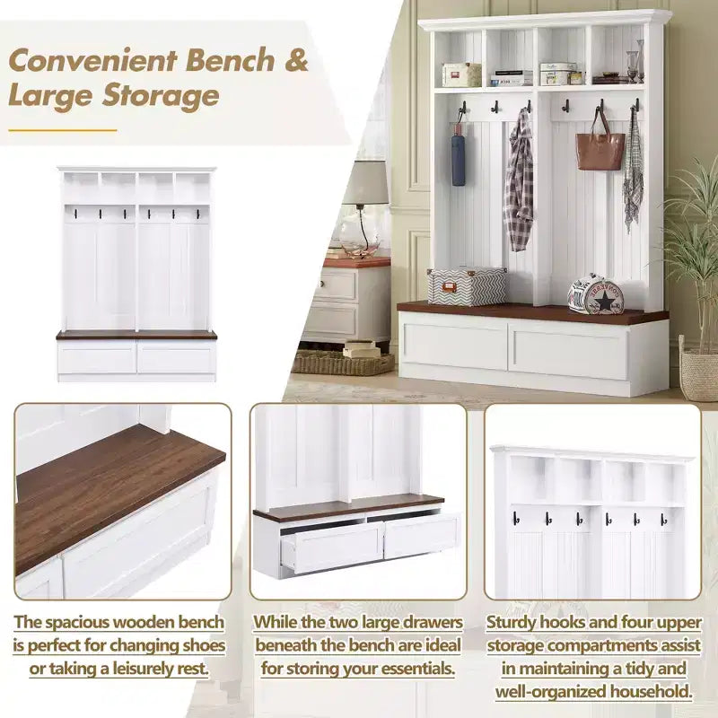 Meuble d'entrée Whisen de style ferme 4-en-1 avec banc en grain de bois, 2 grands tiroirs et 6 crochets noirs
