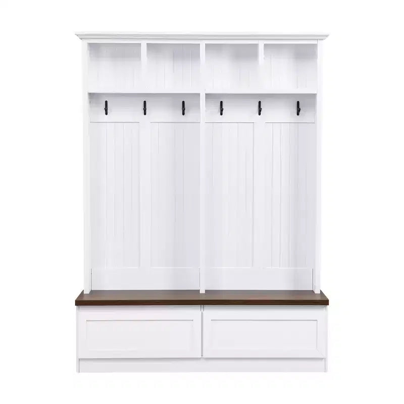 Meuble d'entrée Whisen de style ferme 4-en-1 avec banc en grain de bois, 2 grands tiroirs et 6 crochets noirs