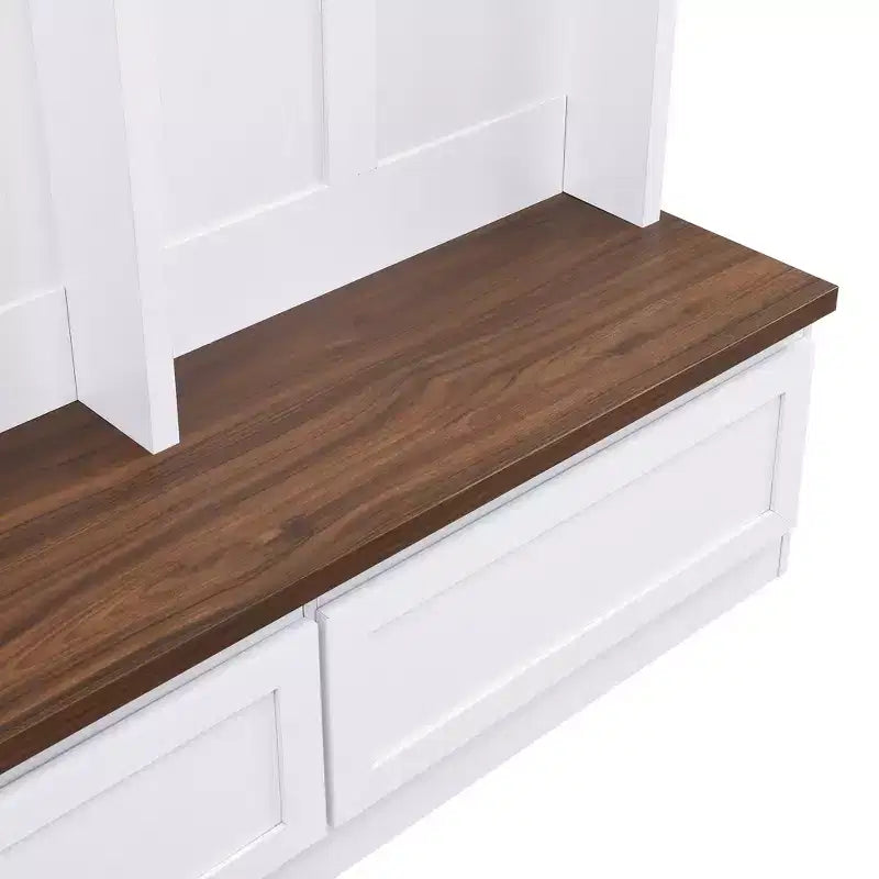 Meuble d'entrée Whisen de style ferme 4-en-1 avec banc en grain de bois, 2 grands tiroirs et 6 crochets noirs