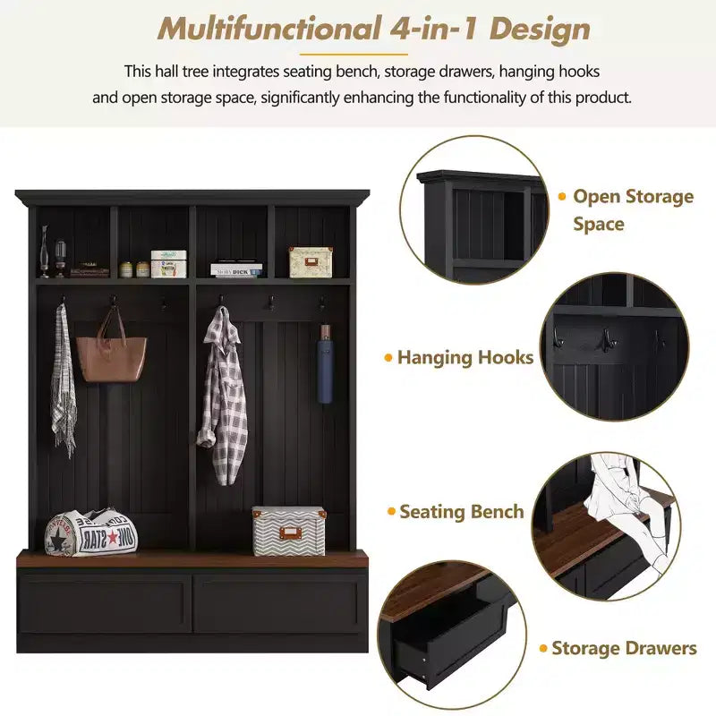 Meuble d'entrée Whisen de style ferme 4-en-1 avec banc en grain de bois, 2 grands tiroirs et 6 crochets noirs