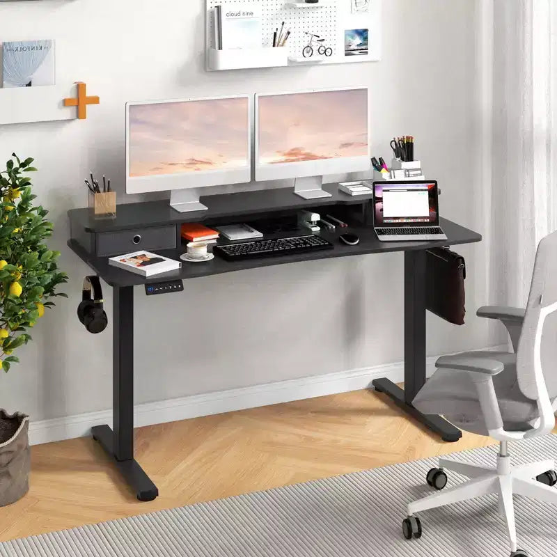 Bureau debout électrique Costway 55x 24 avec 2 tiroirs, support d'écran, étagère de rangement Noir/Blanc/Marron