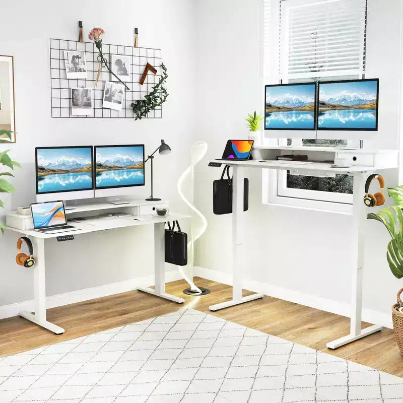 Bureau debout électrique Costway 55x 24 avec 2 tiroirs, support d'écran, étagère de rangement Noir/Blanc/Marron
