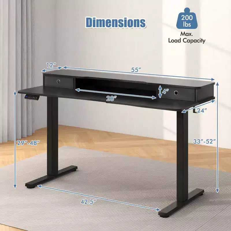 Bureau debout électrique Costway 55x 24 avec 2 tiroirs, support d'écran, étagère de rangement Noir/Blanc/Marron