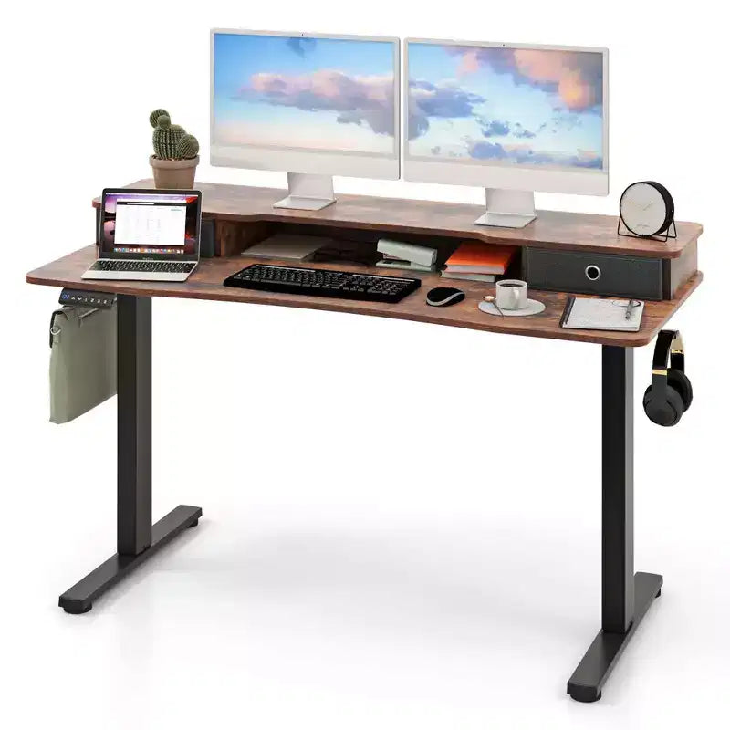 Bureau debout électrique Costway 55x 24 avec 2 tiroirs, support d'écran, étagère de rangement Noir/Blanc/Marron