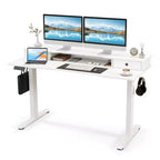 Bureau debout électrique Costway 55x 24 avec 2 tiroirs, support d'écran, étagère de rangement Noir/Blanc/Marron