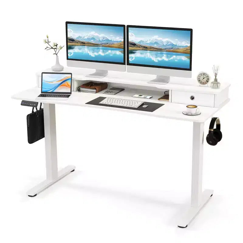 Bureau debout électrique Costway 55x 24 avec 2 tiroirs, support d'écran, étagère de rangement Noir/Blanc/Marron